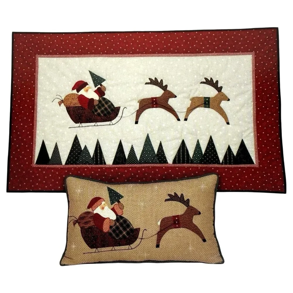 Santa's Sleigh Ride Christmas Tree Skirt Pattern Country Applique Quilt‎ Pillow